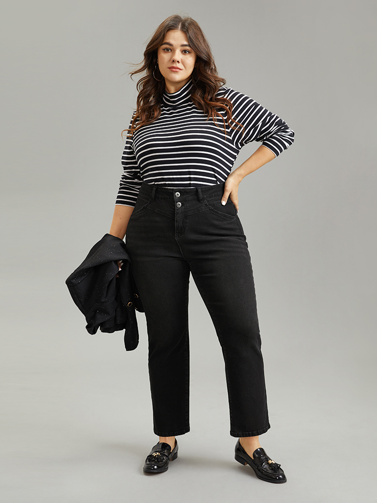 Plus Size Vintage Black Wash High Rise Straight Leg Jeans Women DimGray Casual Plain Plain High stretch Pocket Jeans BloomChic 14/1X 