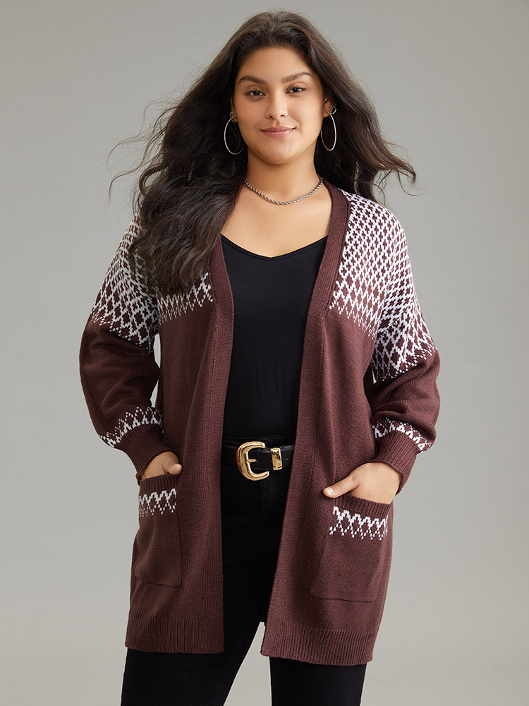 

Plus Size Geometric Contrast Patched Pocket Jacquard Cardigan DarkBrown Women Casual Loose Long Sleeve Dailywear Cardigans BloomChic