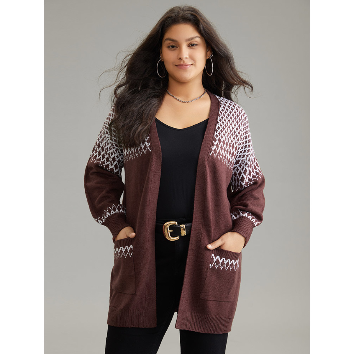 

Plus Size Geometric Contrast Patched Pocket Jacquard Cardigan DarkBrown Women Casual Loose Long Sleeve Dailywear Cardigans BloomChic