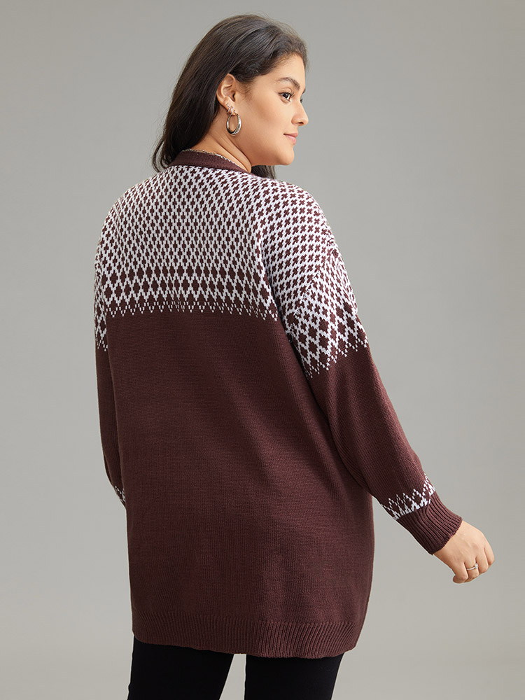 Plus Size Cardigans | Geometric Contrast Patched Pocket Jacquard Cardigan | BloomChic 