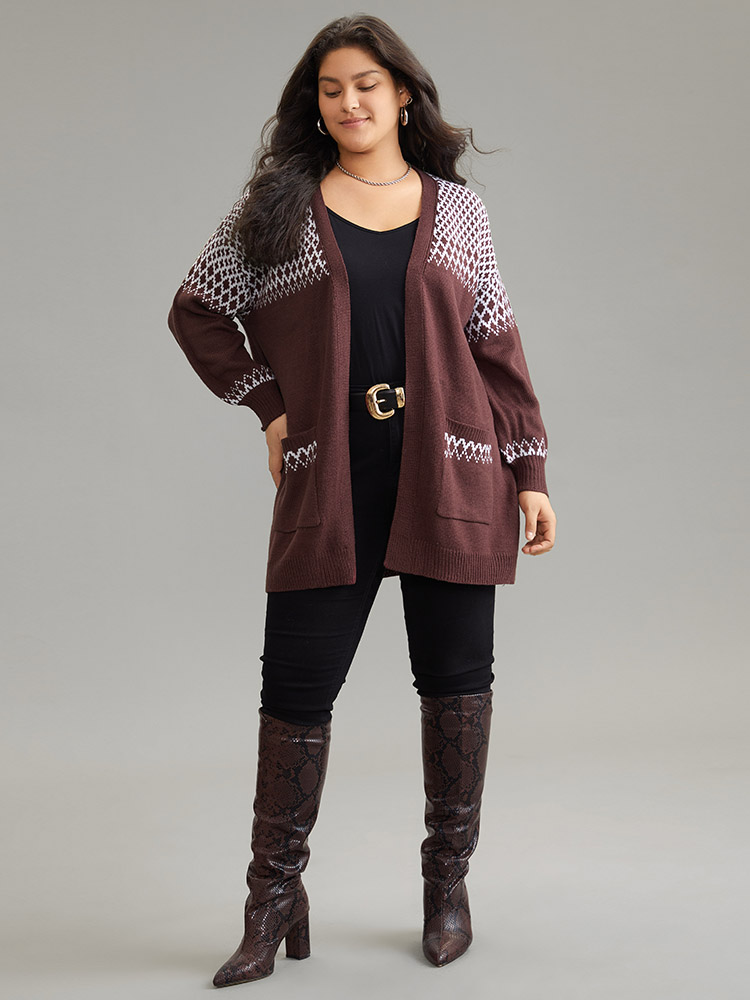 Plus Size Cardigans | Geometric Contrast Patched Pocket Jacquard Cardigan | BloomChic 
