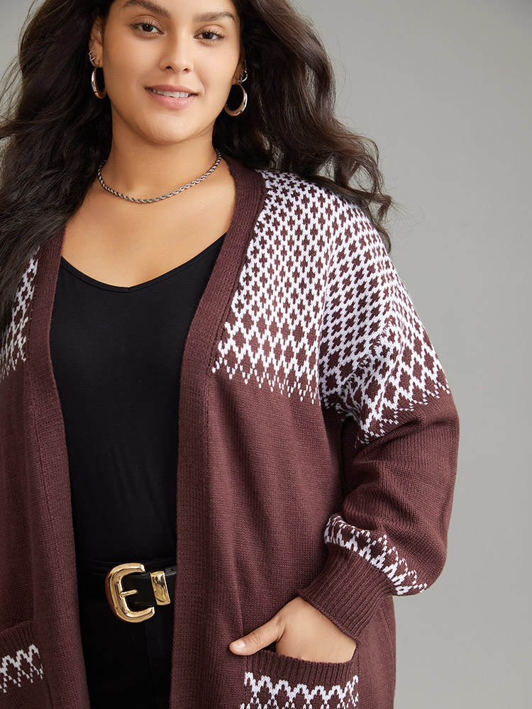 Plus Size Cardigans | Geometric Contrast Patched Pocket Jacquard Cardigan | BloomChic 