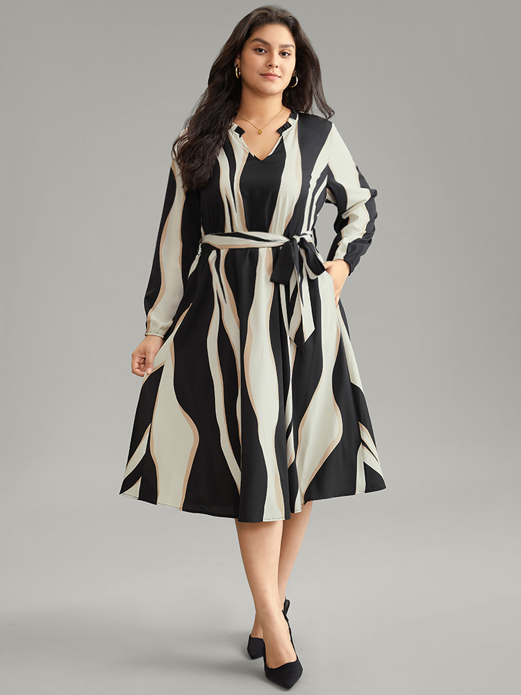 

Plus Size Colorblock Striped Notched Belted Lantern Sleeve Dress Black Women At the Office Elastic cuffs Notched collar Long Sleeve Curvy Midi Dress BloomChic