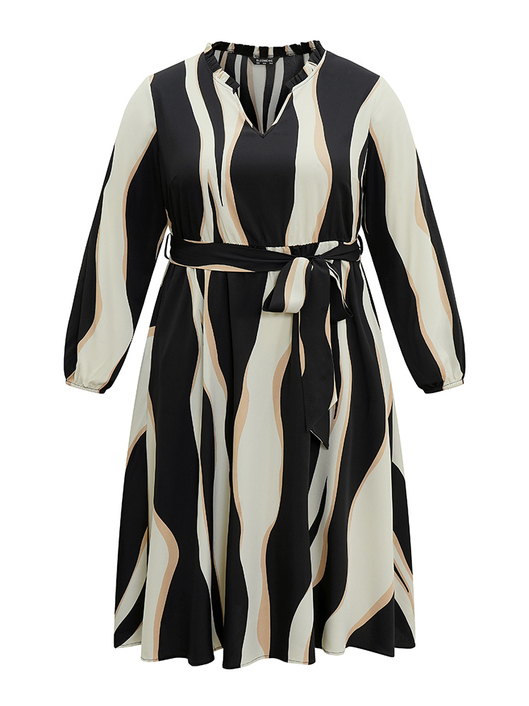 Plus Size Colorblock Striped Notched Belted Lantern Sleeve Dress Black Women At the Office Elastic cuffs Notched collar Long Sleeve Curvy Midi Dress BloomChic 28/5X 
