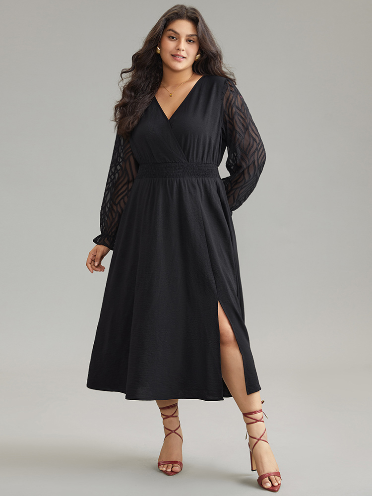 

Plus Size Graphic Mesh Patchwork Pocket Split Side Dress Black Women Elegant Wrap Overlap Collar Long Sleeve Curvy Midi Dress BloomChic