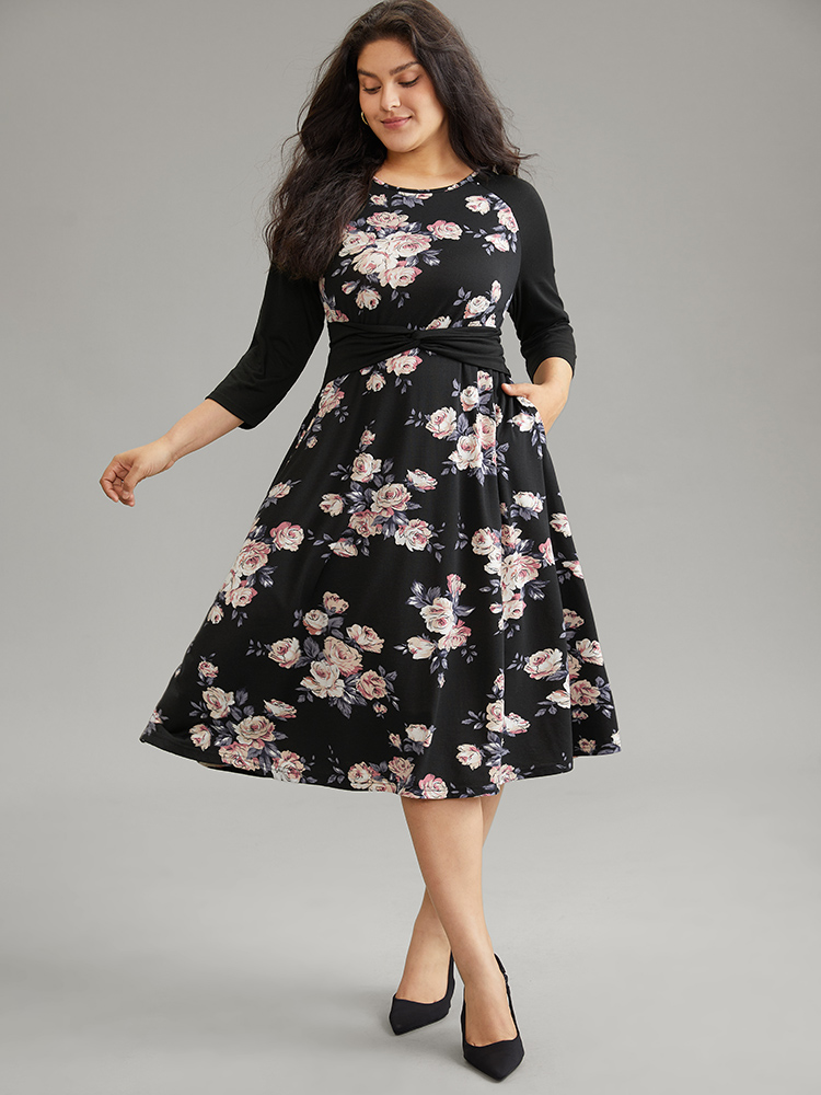 

Plus Size Floral Twist Front Patchwork Raglan Sleeve Dress Black Women Elegant Contrast Round Neck Elbow-length sleeve Curvy Midi Dress BloomChic