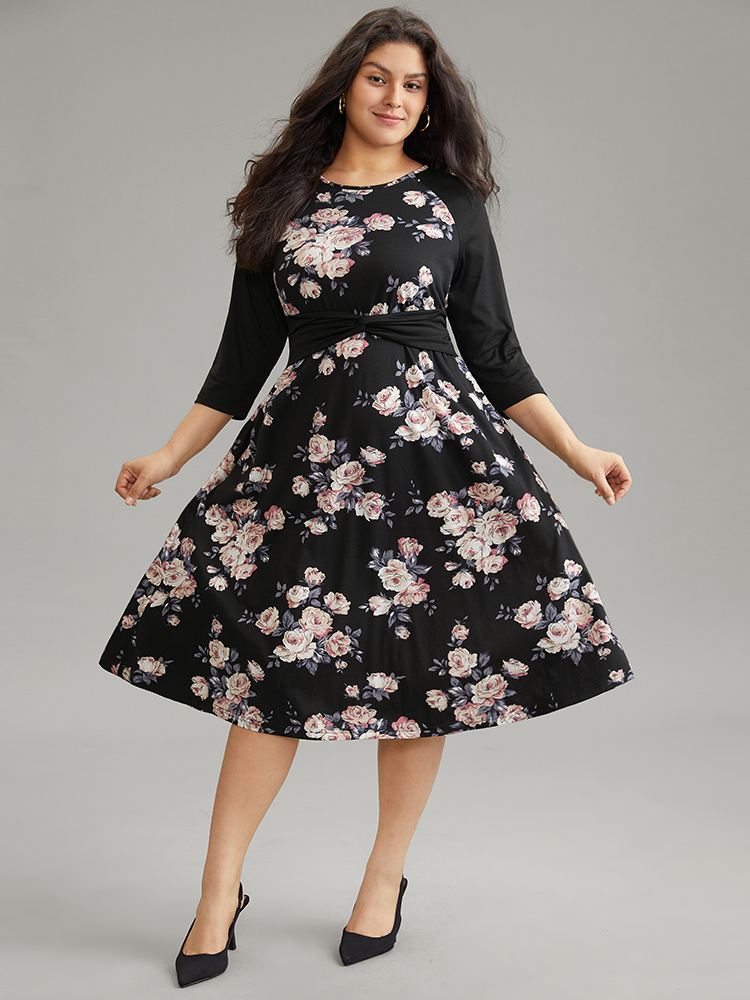 

Plus Size Floral Twist Front Patchwork Raglan Sleeve Dress Black Women Elegant Contrast Round Neck Elbow-length sleeve Curvy Midi Dress BloomChic