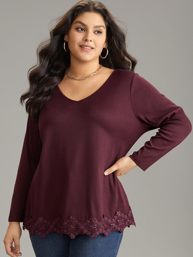 

Plus Size Lace Panel Hem Long Sleeve T-shirt Maroon Women Elegant Plain Plain V-neck Dailywear T-shirts BloomChic