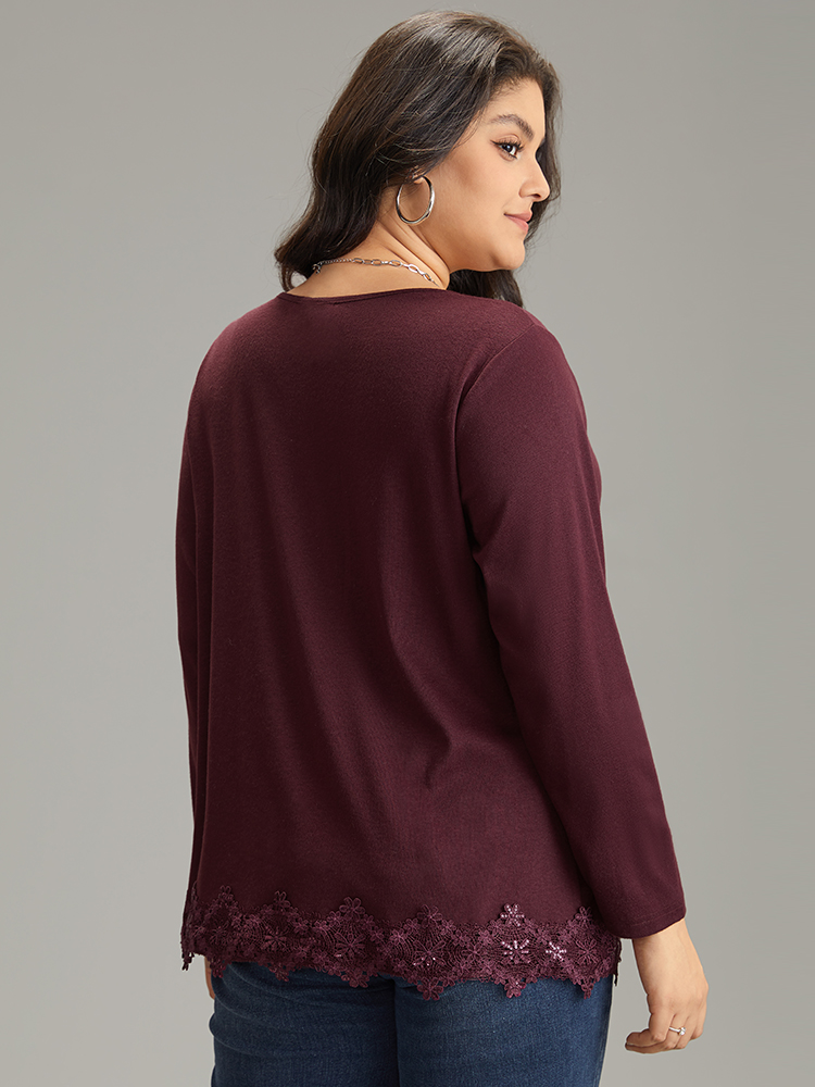 Plus Size Lace Panel Hem Long Sleeve T-shirt Maroon Women Elegant Plain Plain V-neck Dailywear T-shirts BloomChic 12/L 