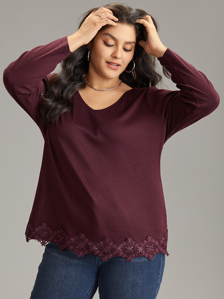 Plus Size Lace Panel Hem Long Sleeve T-shirt Maroon Women Elegant Plain Plain V-neck Dailywear T-shirts BloomChic 12/L 