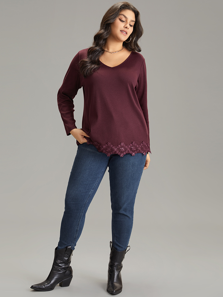 Plus Size Lace Panel Hem Long Sleeve T-shirt Maroon Women Elegant Plain Plain V-neck Dailywear T-shirts BloomChic 12/L 