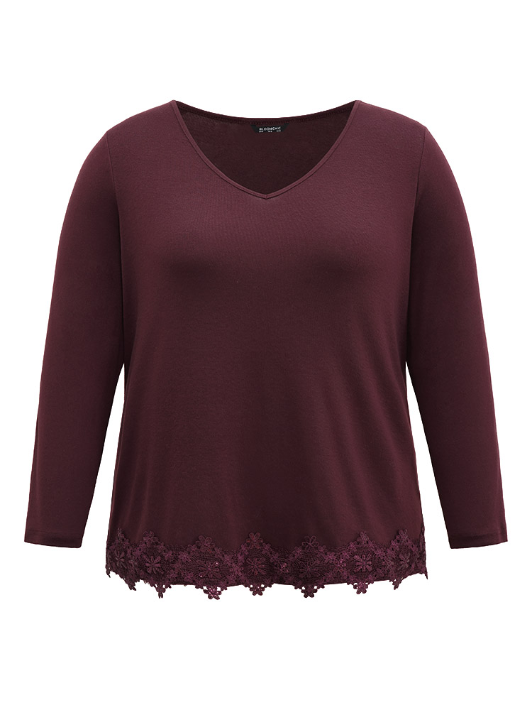 Plus Size Lace Panel Hem Long Sleeve T-shirt Maroon Women Elegant Plain Plain V-neck Dailywear T-shirts BloomChic 12/L 