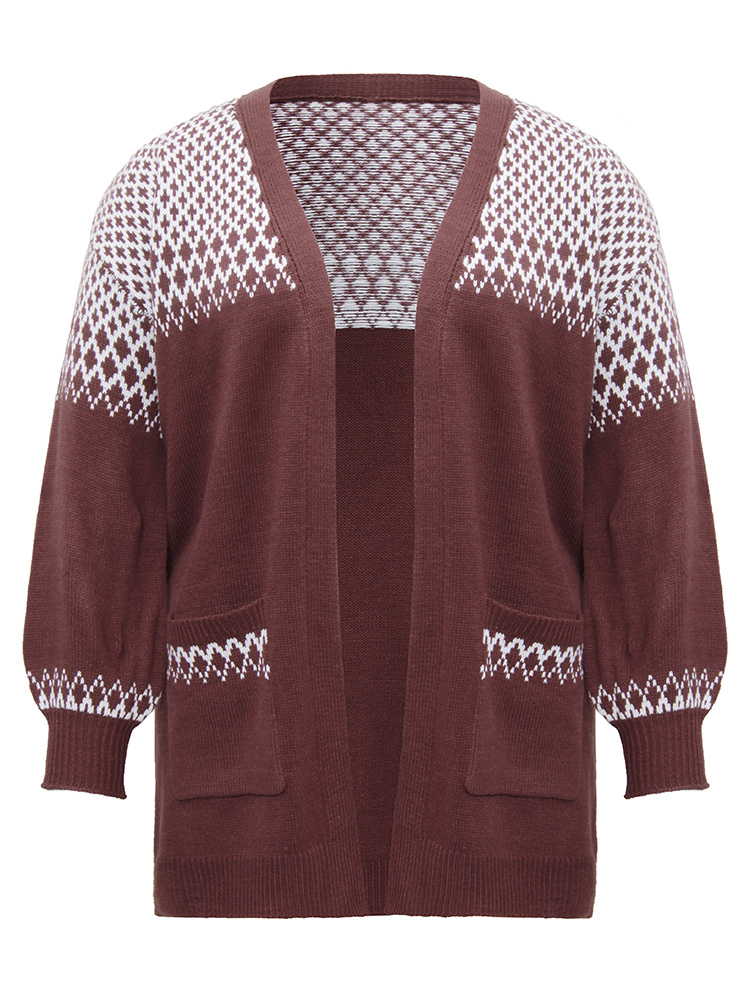 Plus Size Cardigans | Geometric Contrast Patched Pocket Jacquard Cardigan | BloomChic 