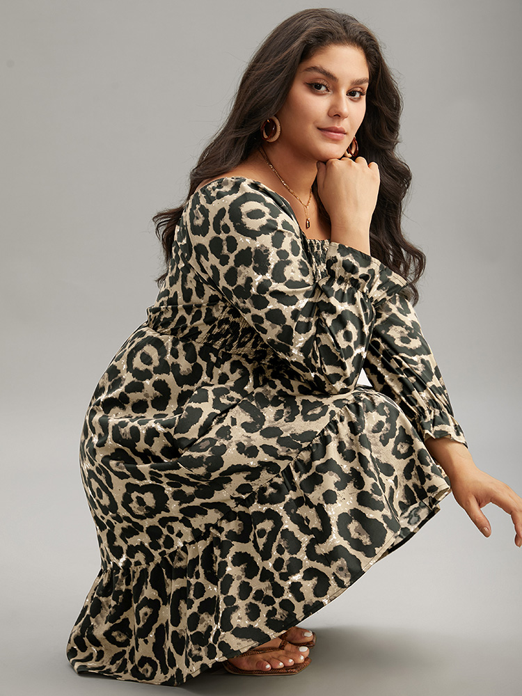 Plus Size Square Neck Leopard Shirred Ruffles Dress LightBrown Women Elegant Gathered Square Neck Long Sleeve Curvy Knee Dress BloomChic 18-20/2X 