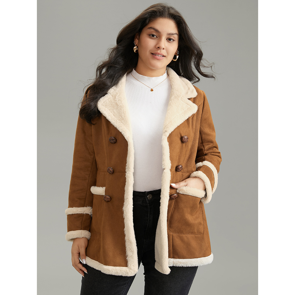 

Plus Size Faux Suede Buckle Detail Fuzzy Trim Coat Women Chocolate Casual Lined Ladies Dailywear Winter Coats BloomChic