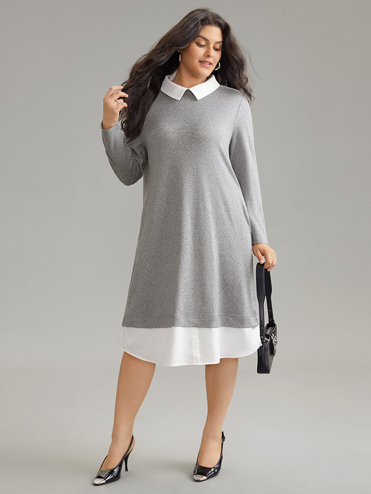 

Plus Size Solid Lapel Collar Heather 2-In-1 Dress DarkGray Women Office Heather Lapel Collar Long Sleeve Curvy Midi Dress BloomChic