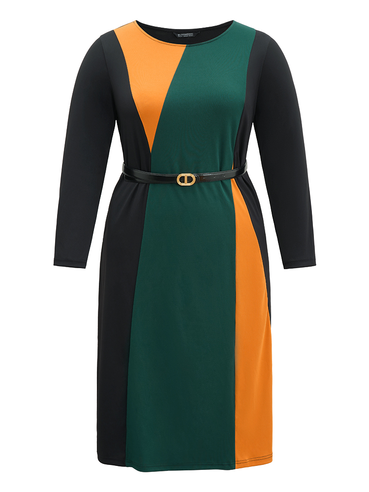 

Plus Size Contrast Colorblock Pocket Long Sleeve Dress Green Women At the Office Belted Round Neck Long Sleeve Curvy Midi Dress BloomChic