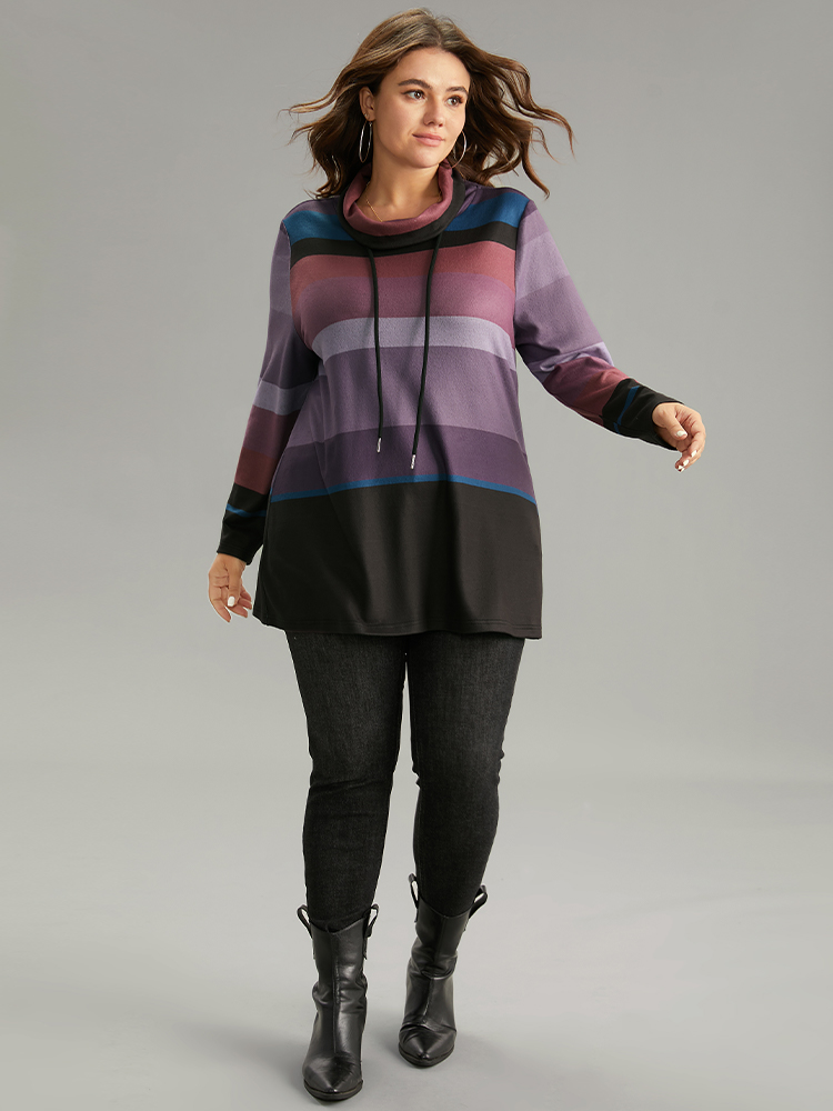 Plus Size Colorblock Contrast Mock Neck Drawstring Sweatshirt Women Multicolor Casual Contrast Mock Neck Dailywear Sweatshirts BloomChic 12/L 