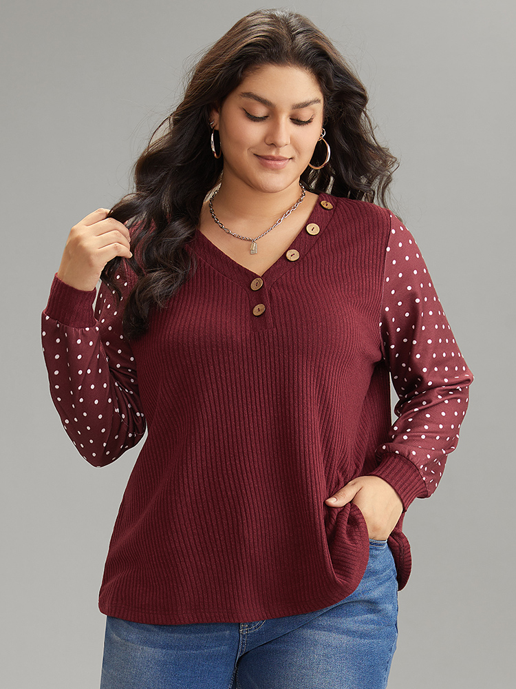 

Plus Size Polka Dot Patchwork Button Detail Rib Knit T-shirt Burgundy Women Casual Texture Polka Dot V-neck Dailywear T-shirts BloomChic