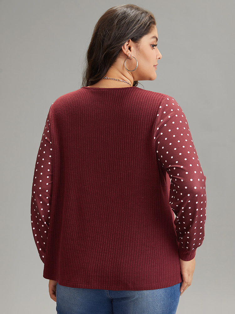 

Plus Size Polka Dot Patchwork Button Detail Rib Knit T-shirt Burgundy Women Casual Texture Polka Dot V-neck Dailywear T-shirts BloomChic