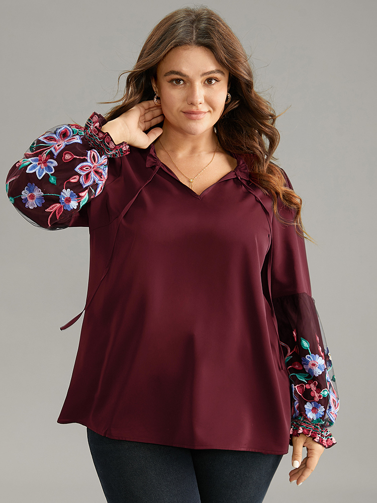 Plus Size Women Party Floral See through Lantern Sleeve Long Sleeve Tie Neck Elegant Blouses BloomChic 