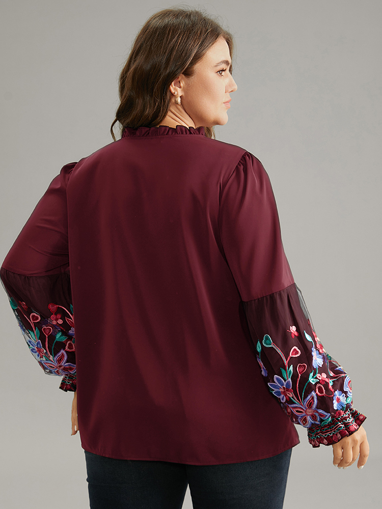 Plus Size Women Party Floral See through Lantern Sleeve Long Sleeve Tie Neck Elegant Blouses BloomChic 