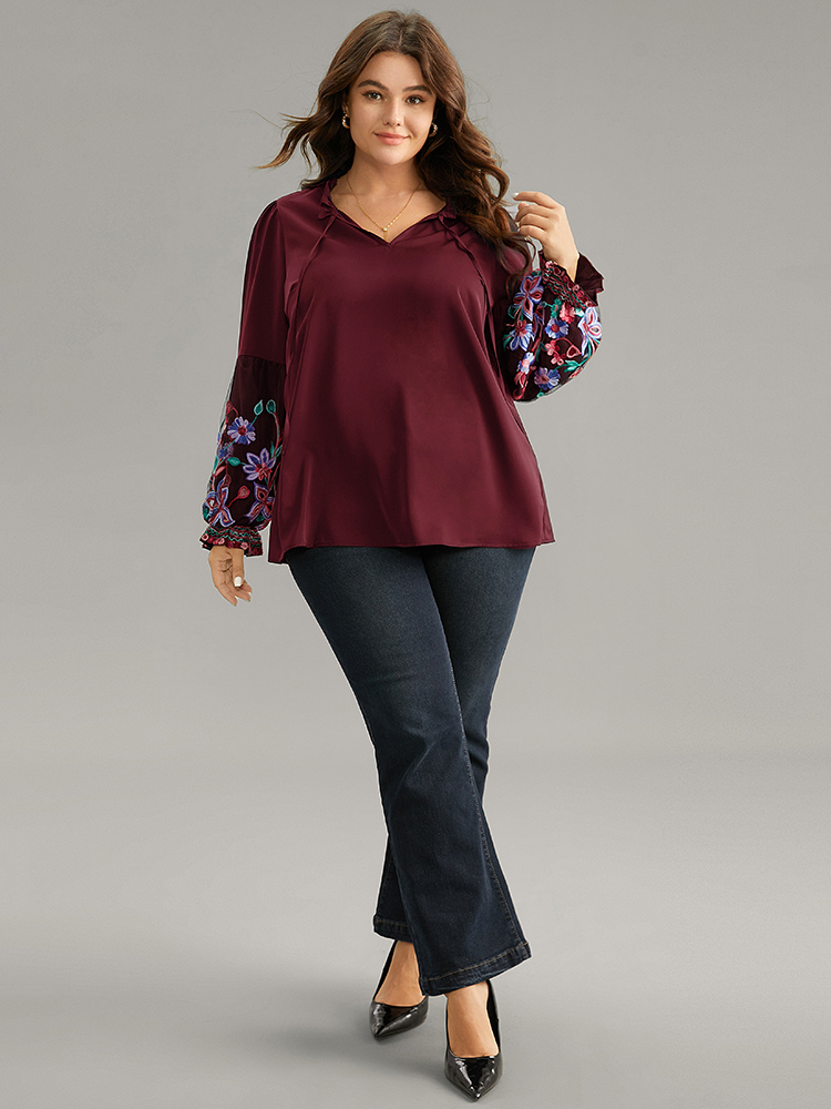 Plus Size Women Party Floral See through Lantern Sleeve Long Sleeve Tie Neck Elegant Blouses BloomChic 