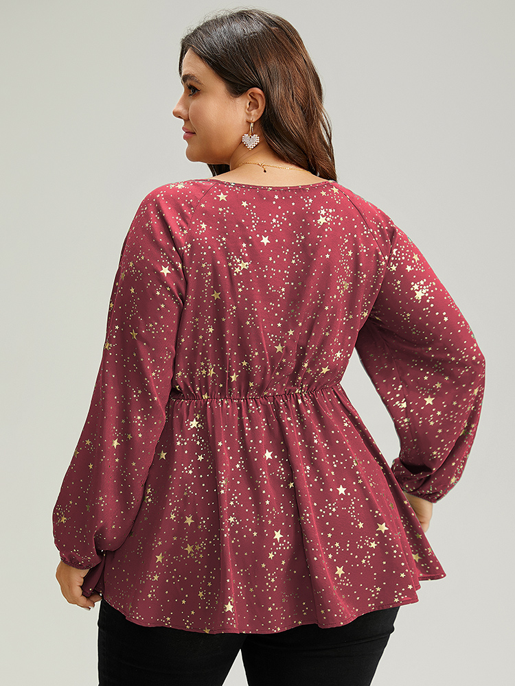 

Plus Size Scarlet Star Glitter Square Neck Twist Front Blouse Women Glamour Long Sleeve Square Neck Festival-Christmas Blouses BloomChic