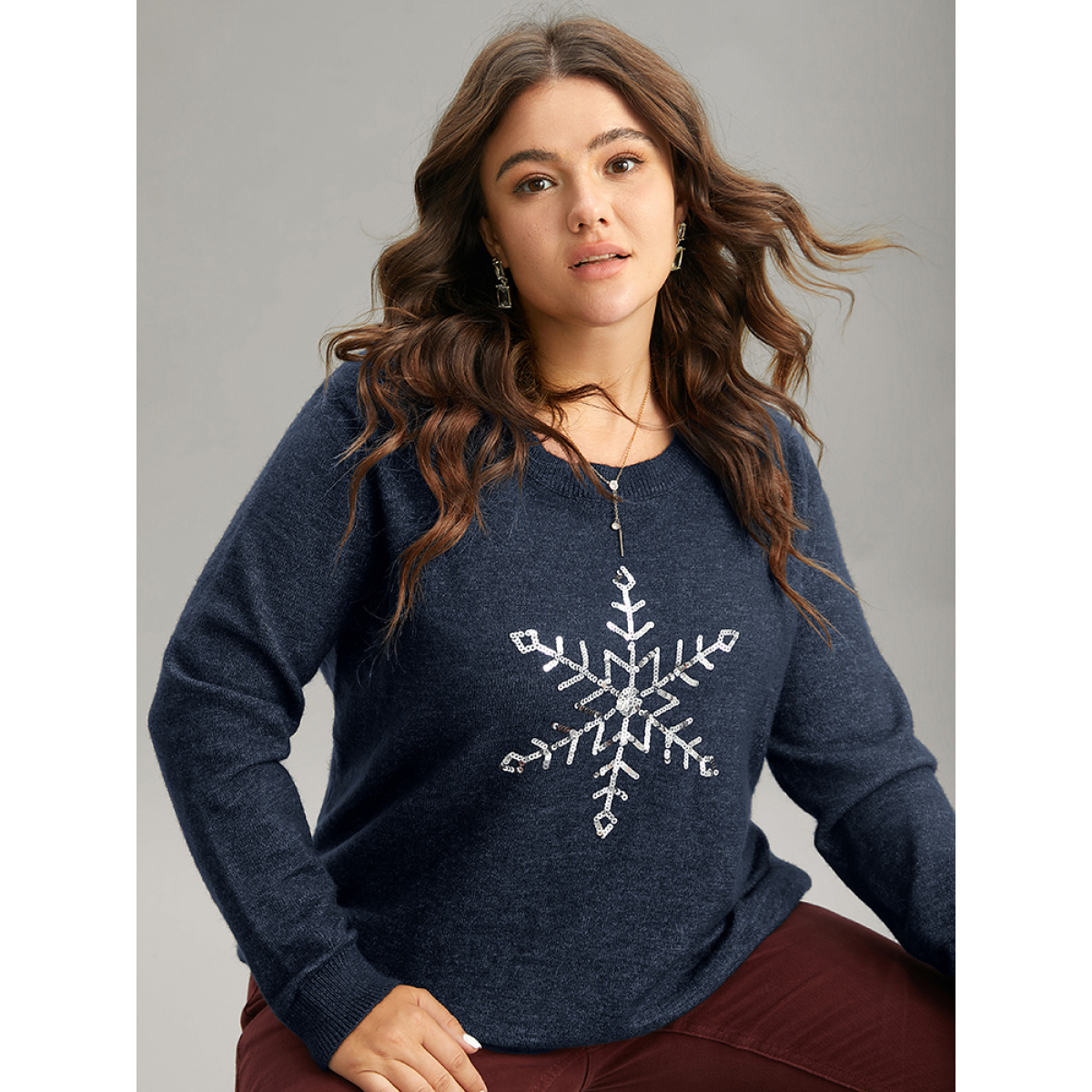 

Plus Size Anti-Pilling Sequin Snowflake Round Neck Pullover Indigo Women Casual Loose Long Sleeve Round Neck Festival-Christmas Pullovers BloomChic
