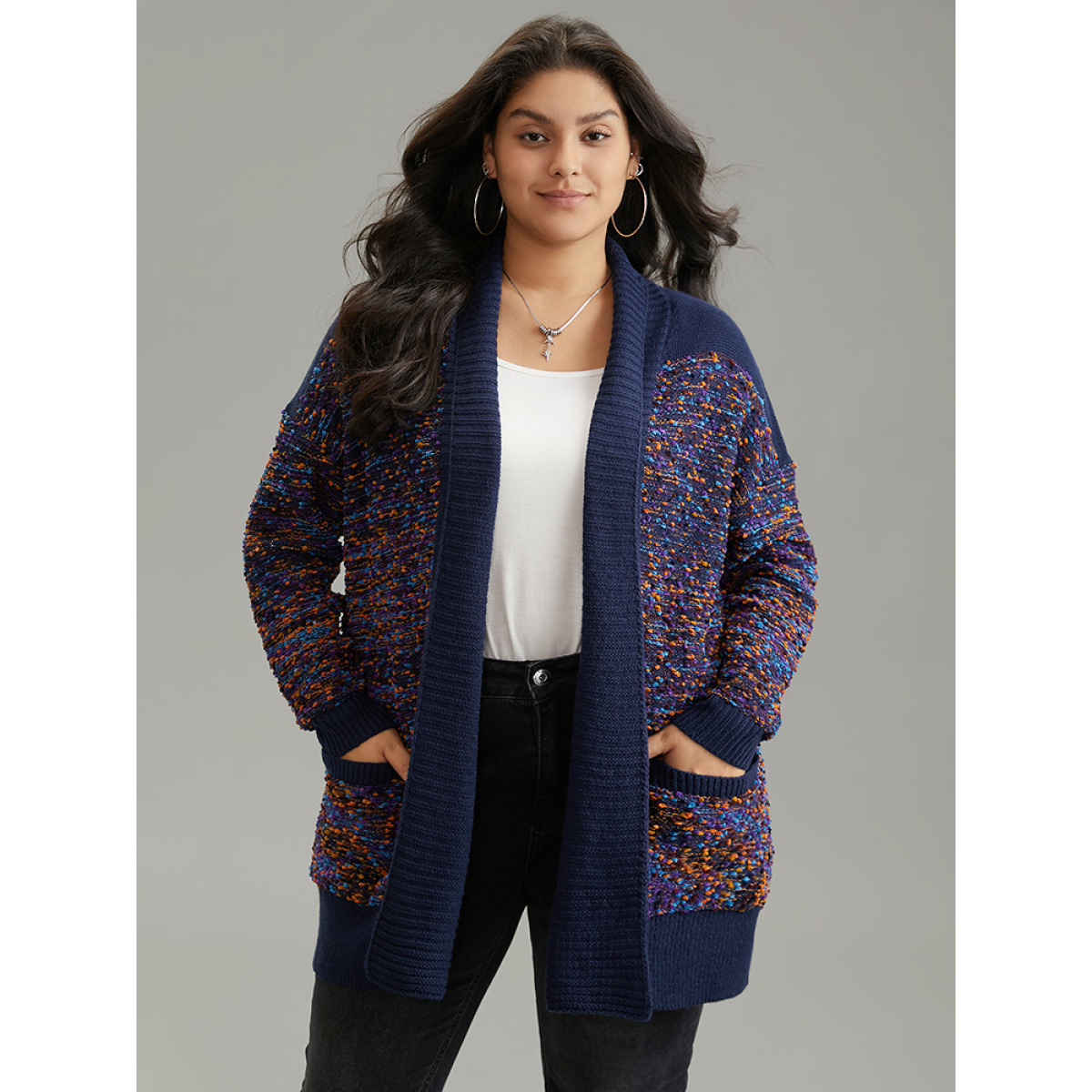 

Plus Size Colour Heather Patchwork Loose Cardigan Multicolor Women Casual Loose Long Sleeve Dailywear Cardigans BloomChic