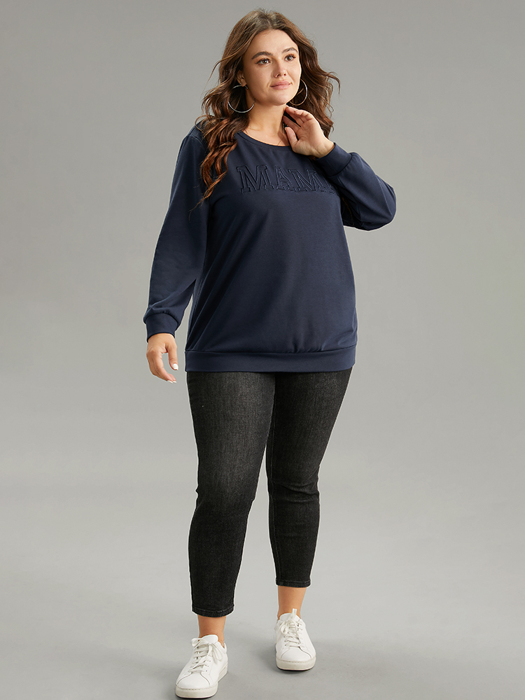 

Plus Size Plain Embroidered Mom Round Neck Sweatshirt Women Indigo Casual Plain Round Neck Dailywear Sweatshirts BloomChic