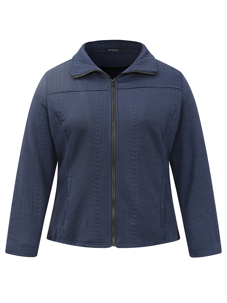 

Plus Size Solid Jacquard Zipper Texture Jacket Women Indigo Texture Pocket Dailywear Jackets BloomChic