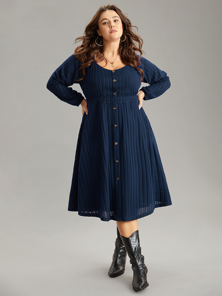 

Plus Size Solid Rib Knit Gathered Scoop Neck Dress Indigo Women Basics Elastic cuffs Scoop Neck Long Sleeve Curvy Midi Dress BloomChic