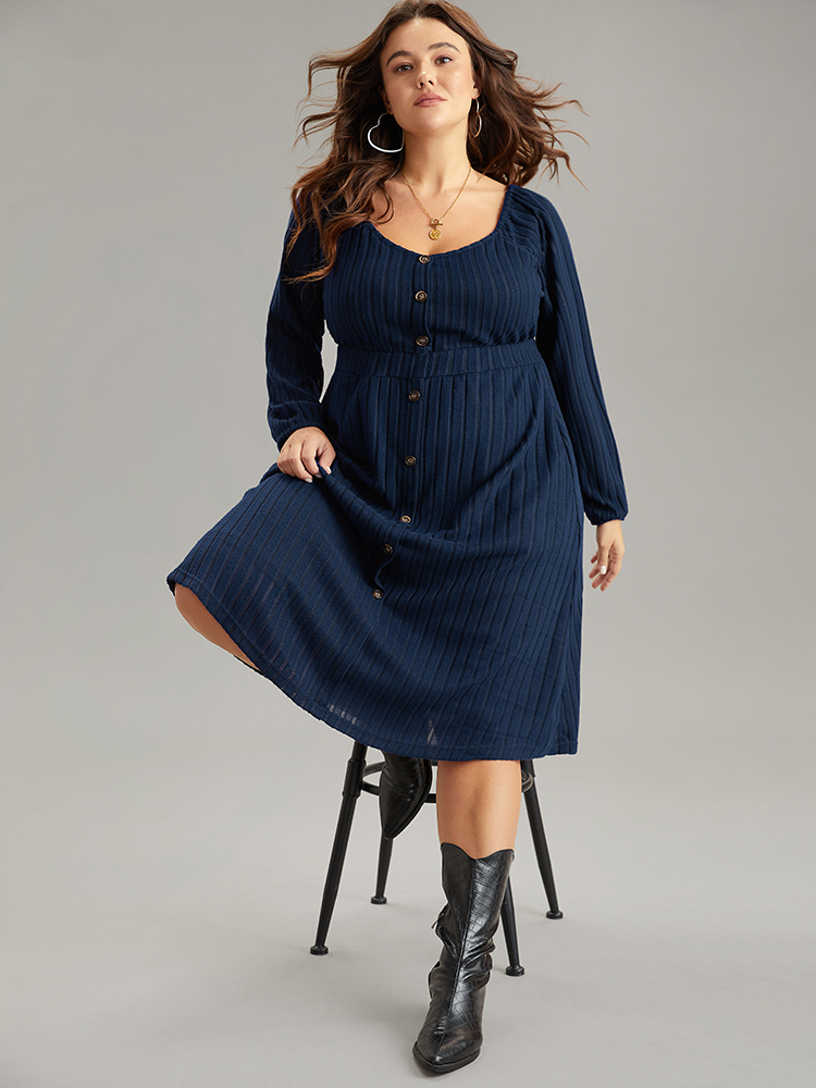 

Plus Size Solid Rib Knit Gathered Scoop Neck Dress Indigo Women Basics Elastic cuffs Scoop Neck Long Sleeve Curvy Midi Dress BloomChic