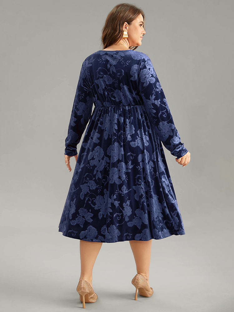 

Plus Size Velvet Jacquard Elastic Waist Ruched Dress Indigo Women Elegant Velvet V-neck Long Sleeve Curvy Midi Dress BloomChic