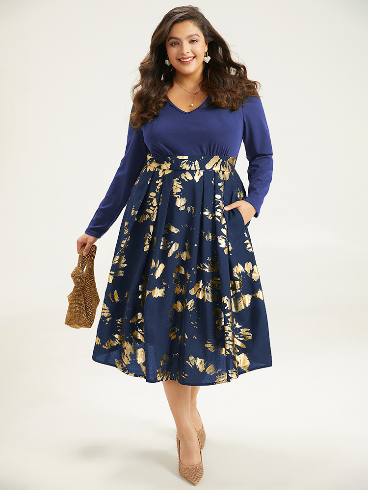 

Plus Size Brush Glitter Pocket Patchwork Dress DarkBlue Women Party Printed V-neck Long Sleeve Curvy Midi Dress BloomChic