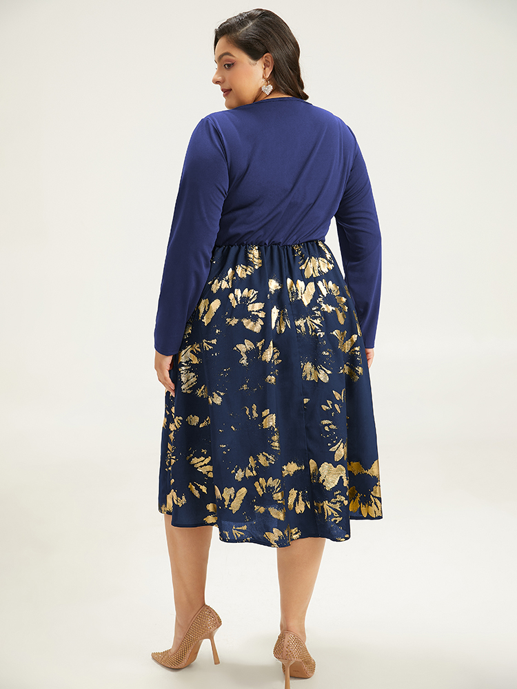 

Plus Size Brush Glitter Pocket Patchwork Dress DarkBlue Women Party Printed V-neck Long Sleeve Curvy Midi Dress BloomChic