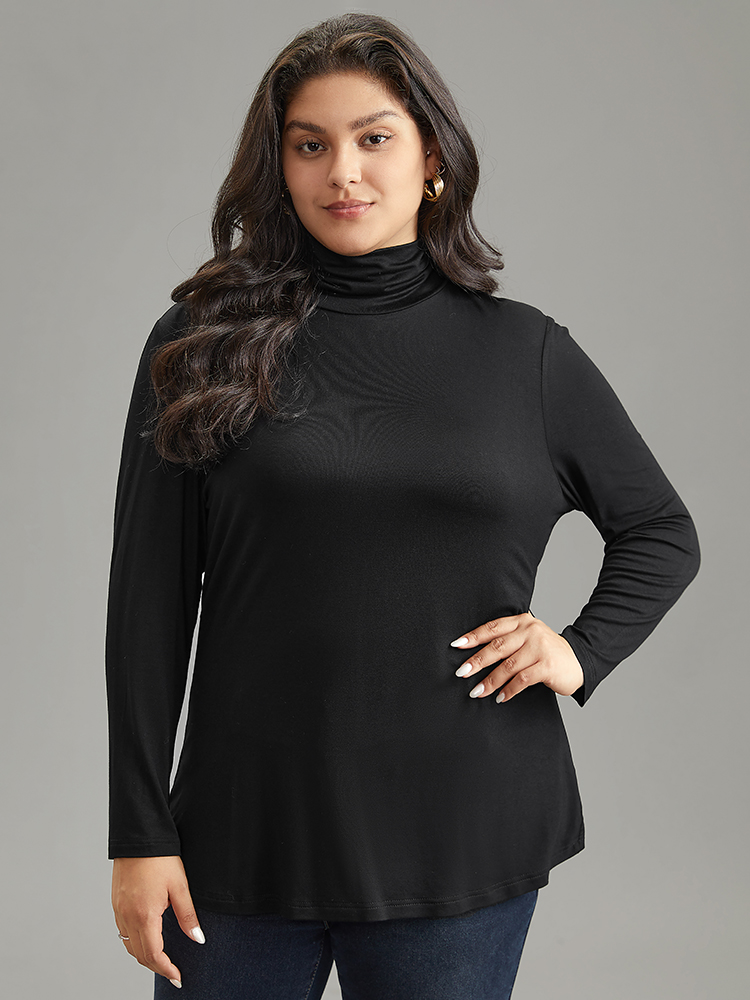 

Plus Size Supersoft Essentials Solid Funnel Neck Knit T-shirt Black Women Elegant Plain Plain Turtleneck Bodycon Dailywear T-shirts BloomChic