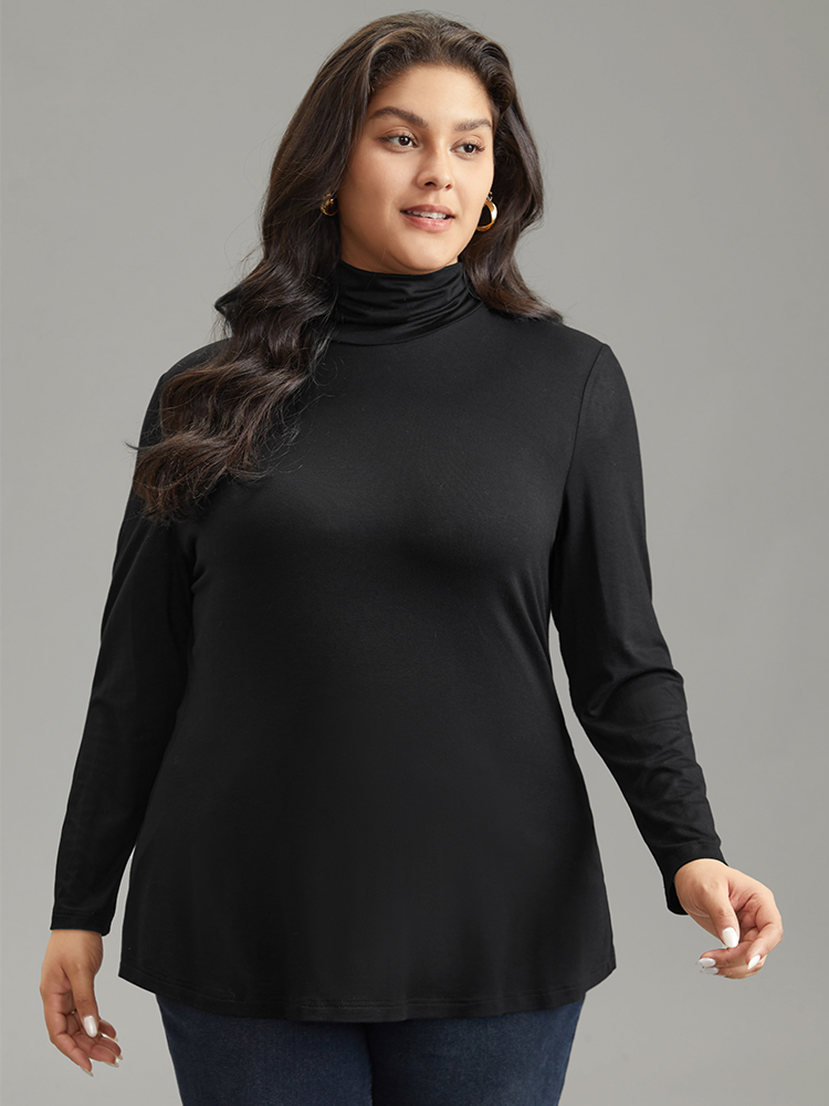 

Plus Size Supersoft Essentials Solid Funnel Neck Knit T-shirt Black Women Elegant Plain Plain Turtleneck Bodycon Dailywear T-shirts BloomChic