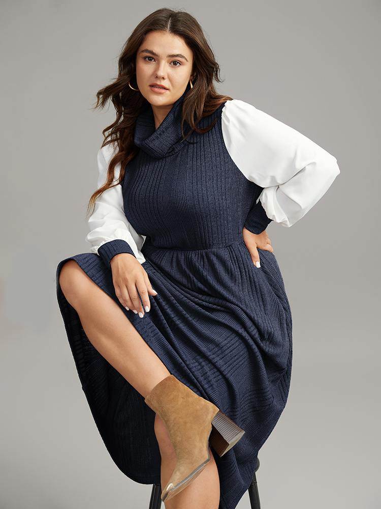 

Plus Size Rib Knit Patchwork Pocket Turtle Neck Dress DarkBlue Women Elegant Contrast Turtleneck Long Sleeve Curvy Midi Dress BloomChic