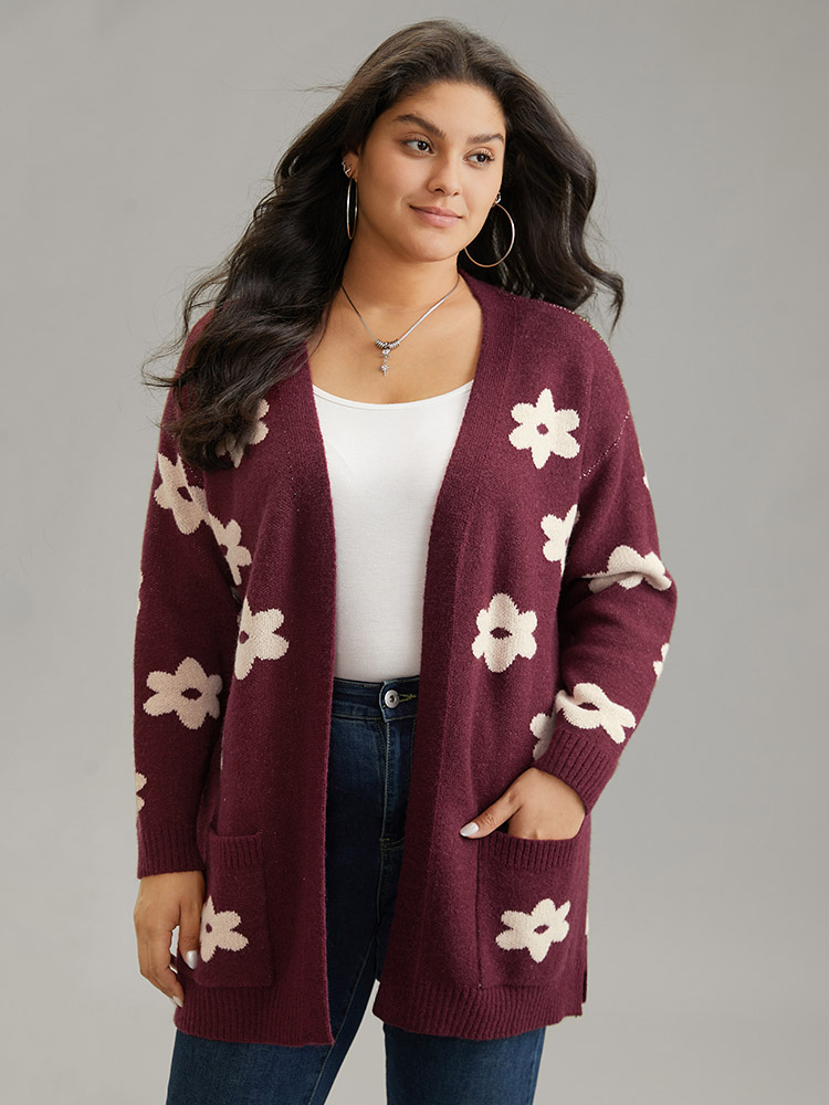 

Plus Size Floral Two Tone Open Front Cardigan Burgundy Women Casual Loose Long Sleeve Dailywear Cardigans BloomChic