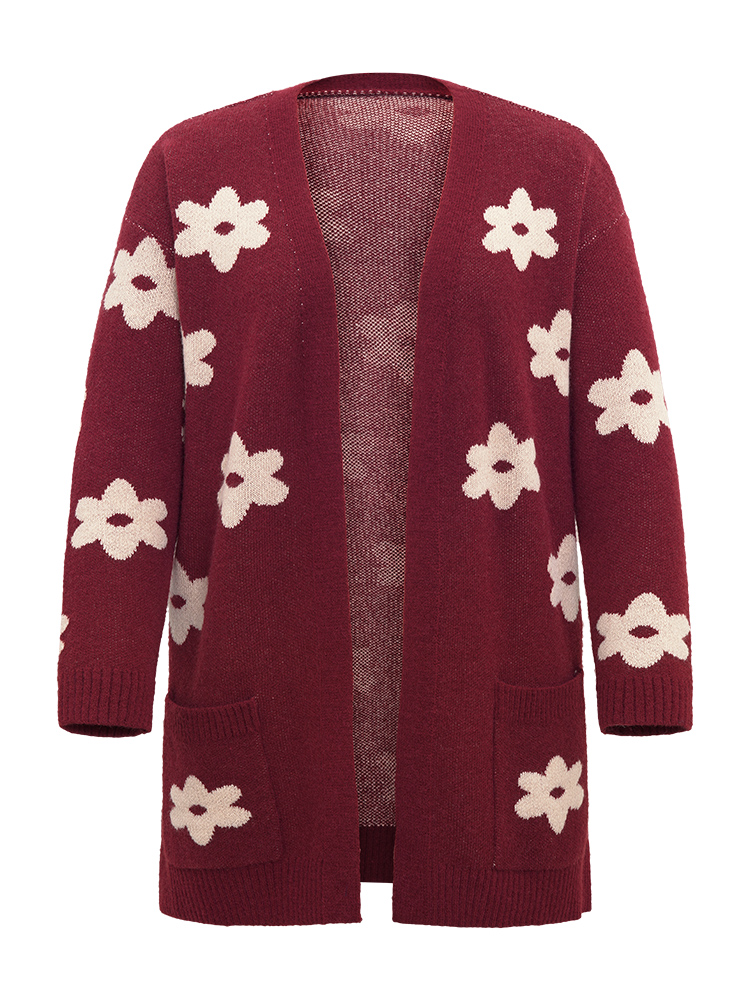 

Plus Size Floral Two Tone Open Front Cardigan Burgundy Women Casual Loose Long Sleeve Dailywear Cardigans BloomChic