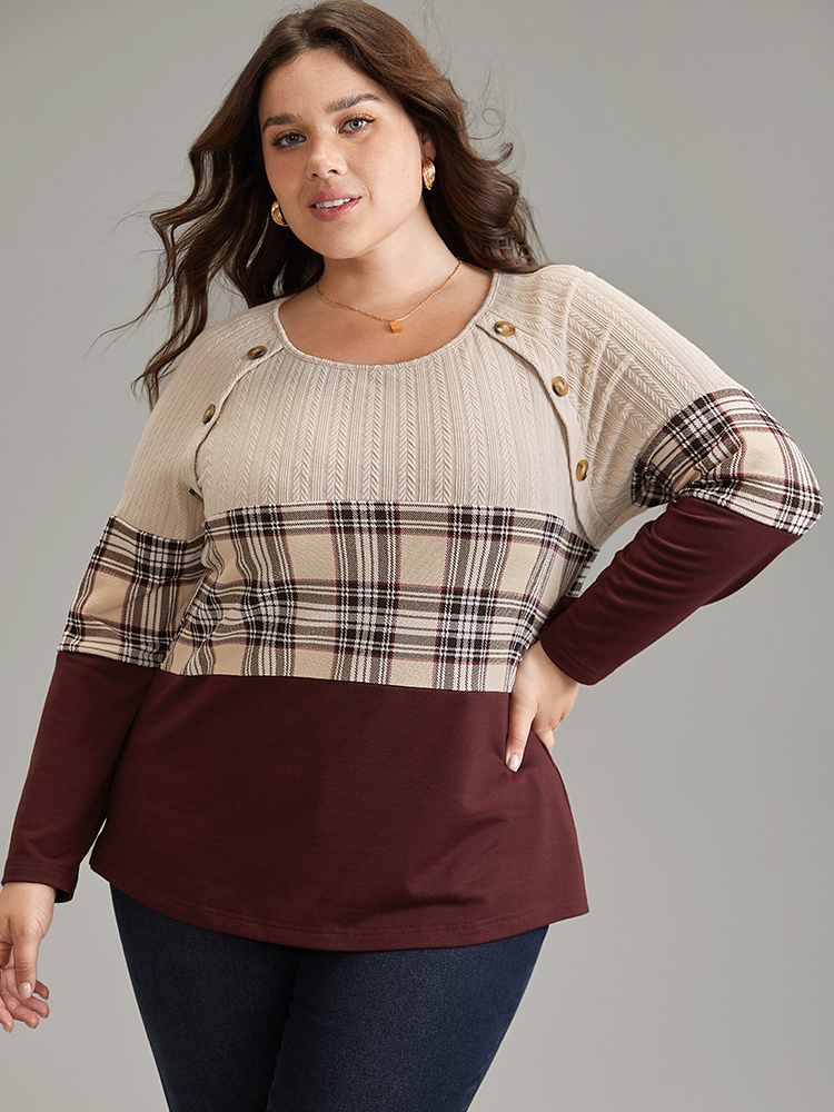 

Plus Size Colorblock Contrast Button Detail Plaid Sweatshirt Women Burgundy Elegant Contrast Round Neck Dailywear Sweatshirts BloomChic