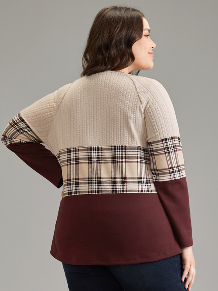 Plus Size Colorblock Contrast Button Detail Plaid Sweatshirt Women Burgundy Elegant Contrast Round Neck Dailywear Sweatshirts BloomChic 14-16/1X 