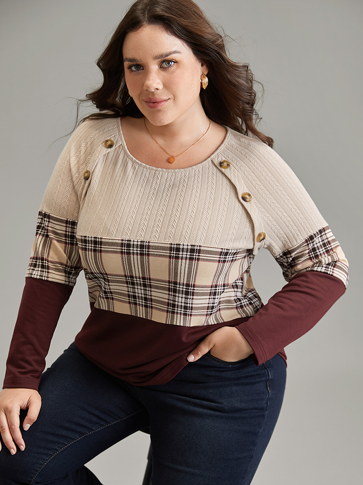 Plus Size Colorblock Contrast Button Detail Plaid Sweatshirt Women Burgundy Elegant Contrast Round Neck Dailywear Sweatshirts BloomChic 14-16/1X 