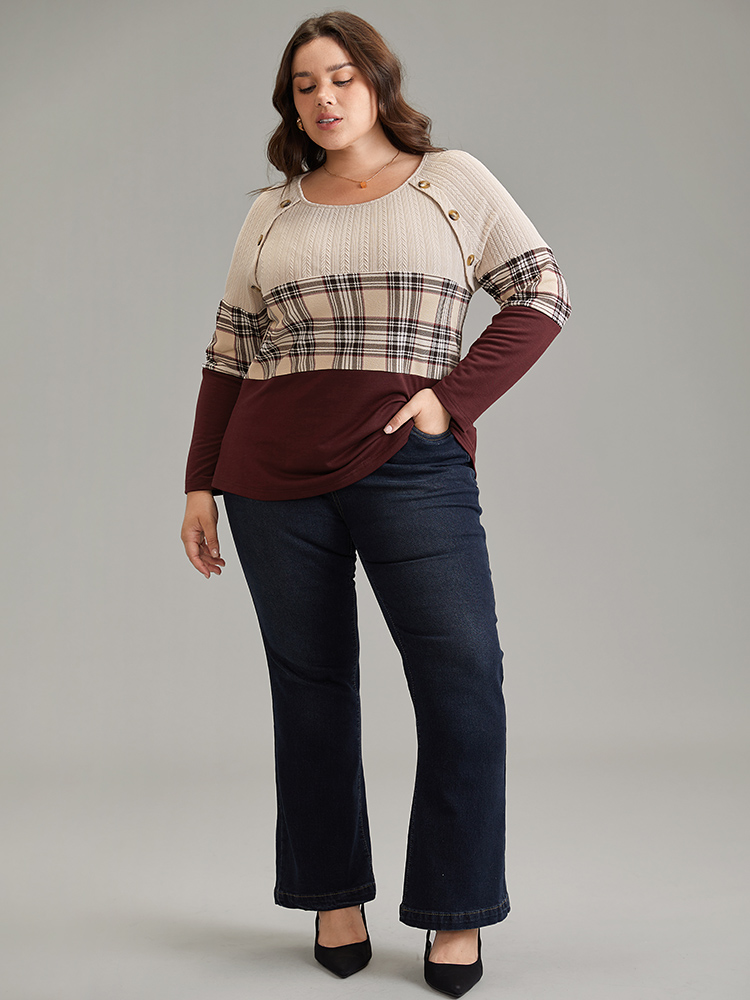 Plus Size Colorblock Contrast Button Detail Plaid Sweatshirt Women Burgundy Elegant Contrast Round Neck Dailywear Sweatshirts BloomChic 14-16/1X 