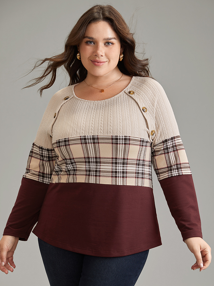 Plus Size Colorblock Contrast Button Detail Plaid Sweatshirt Women Burgundy Elegant Contrast Round Neck Dailywear Sweatshirts BloomChic 14-16/1X 