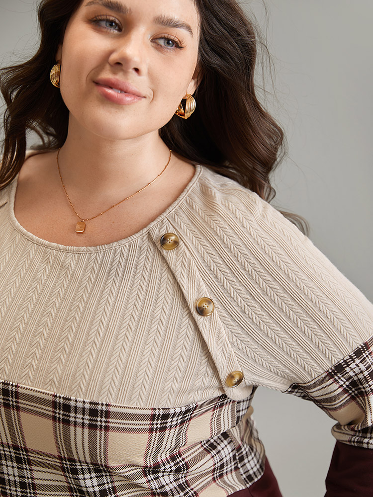 Plus Size Colorblock Contrast Button Detail Plaid Sweatshirt Women Burgundy Elegant Contrast Round Neck Dailywear Sweatshirts BloomChic 14-16/1X 