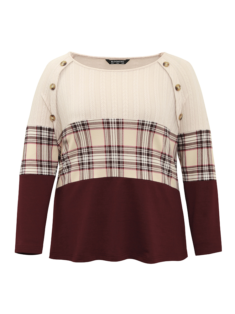 Plus Size Colorblock Contrast Button Detail Plaid Sweatshirt Women Burgundy Elegant Contrast Round Neck Dailywear Sweatshirts BloomChic 14-16/1X 