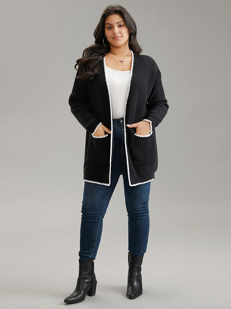 

Plus Size Supersoft Essentials Contrast Trim Open Front Pocket Knit Cardigan Black Women Casual Loose Long Sleeve Dailywear Cardigans BloomChic